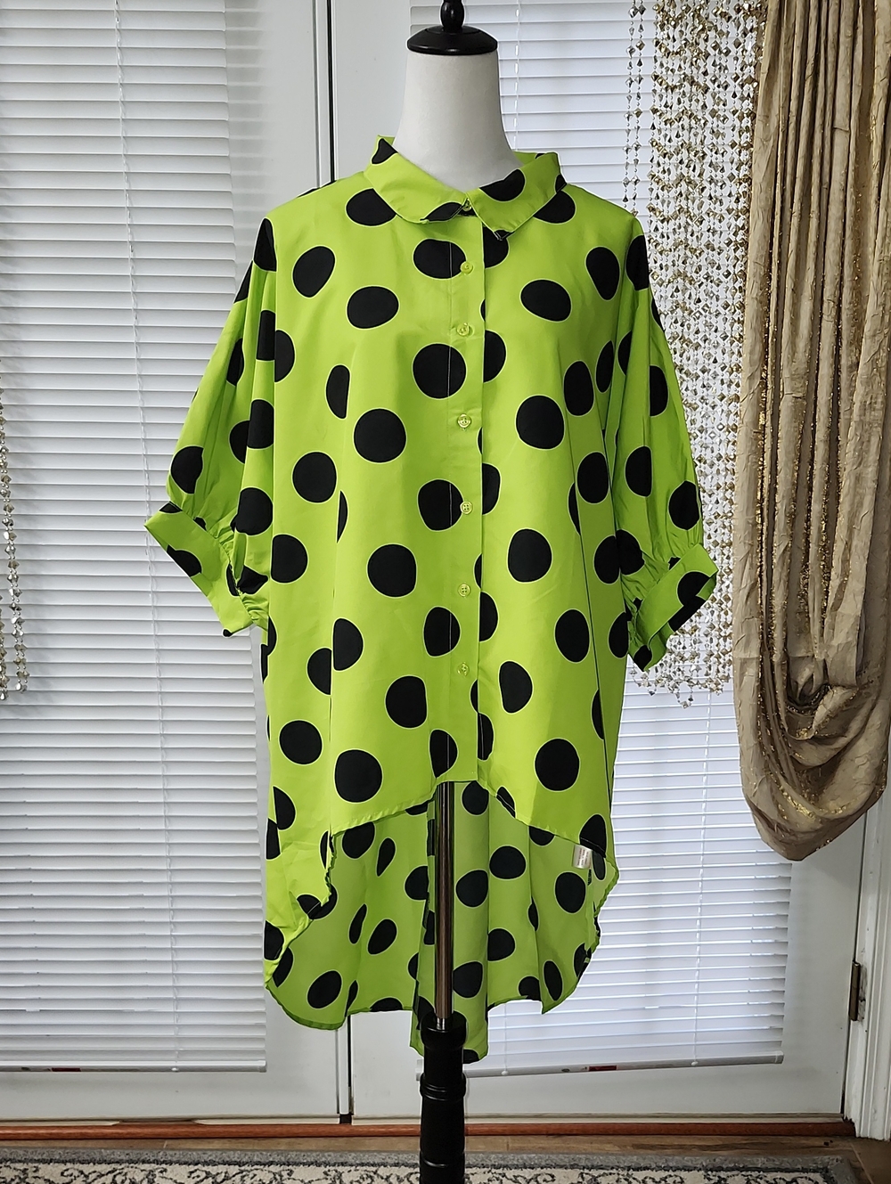 True Destiny Neon Lime Green and Black Polka Dot Button-Down Tunic